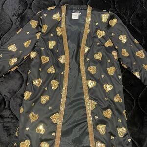 VTG Diane freis 80s black gold hearts beaded sequin embroidered blazer jacket s